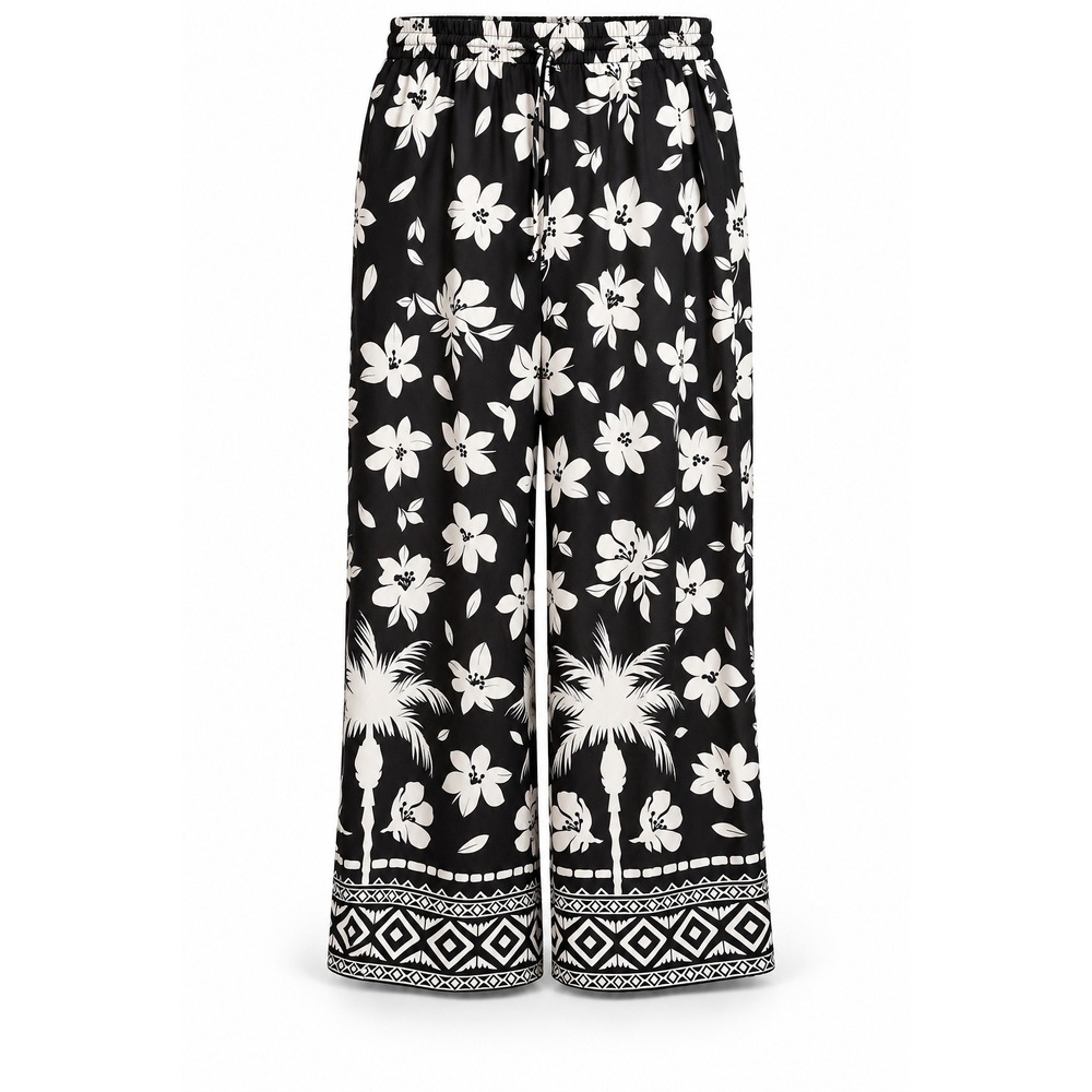 House of Harlow 1960 Wide Leg Pants L Black White Tropical Floral Palm Print